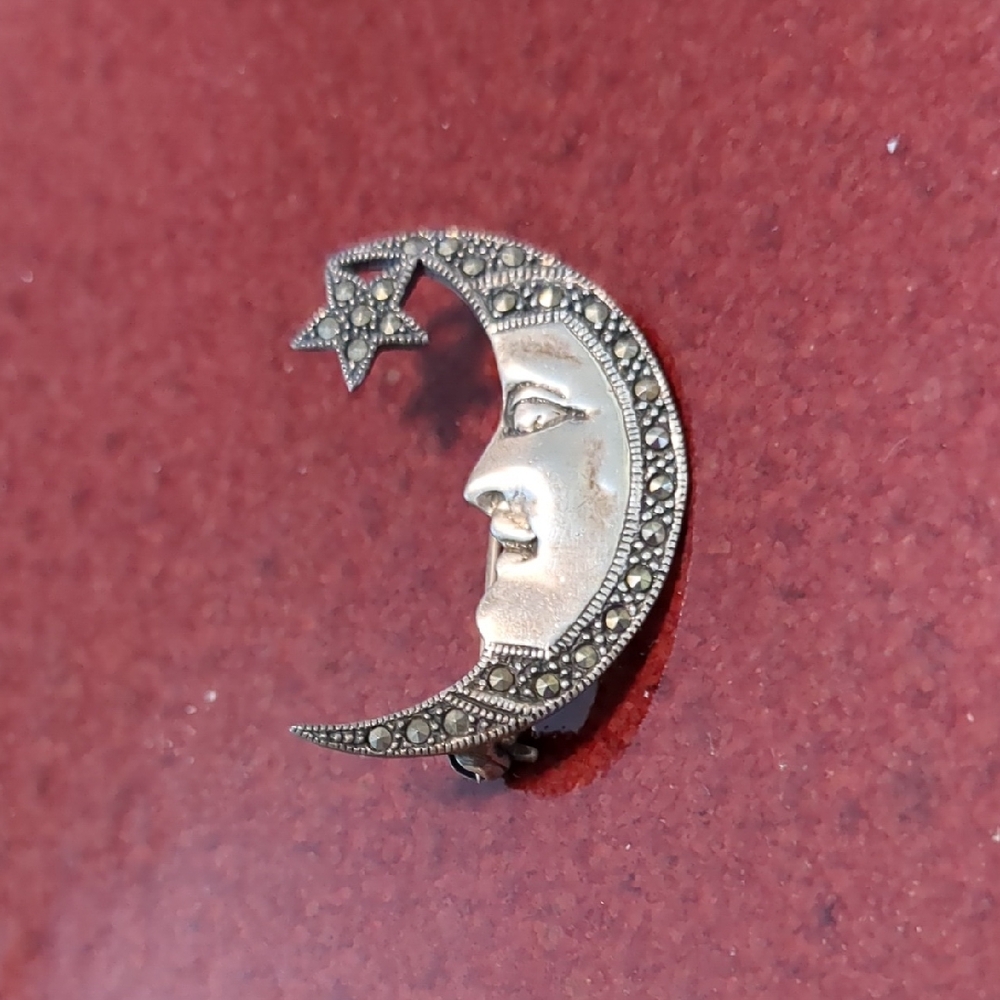 Elegant Silver Moon and Star Brooch